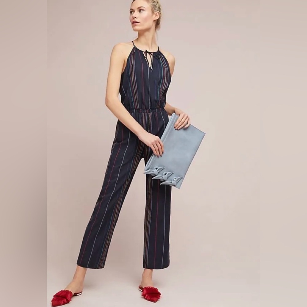 Anthropologie Dolan Rainbow Stripe Halter Cotton Jumpsuit Navy Blue M rainbow
